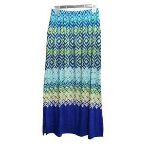 Chicos Slinky Skirt Womens Small/4 (0) Blue Multi Stretch  Side Slit Maxi Resort